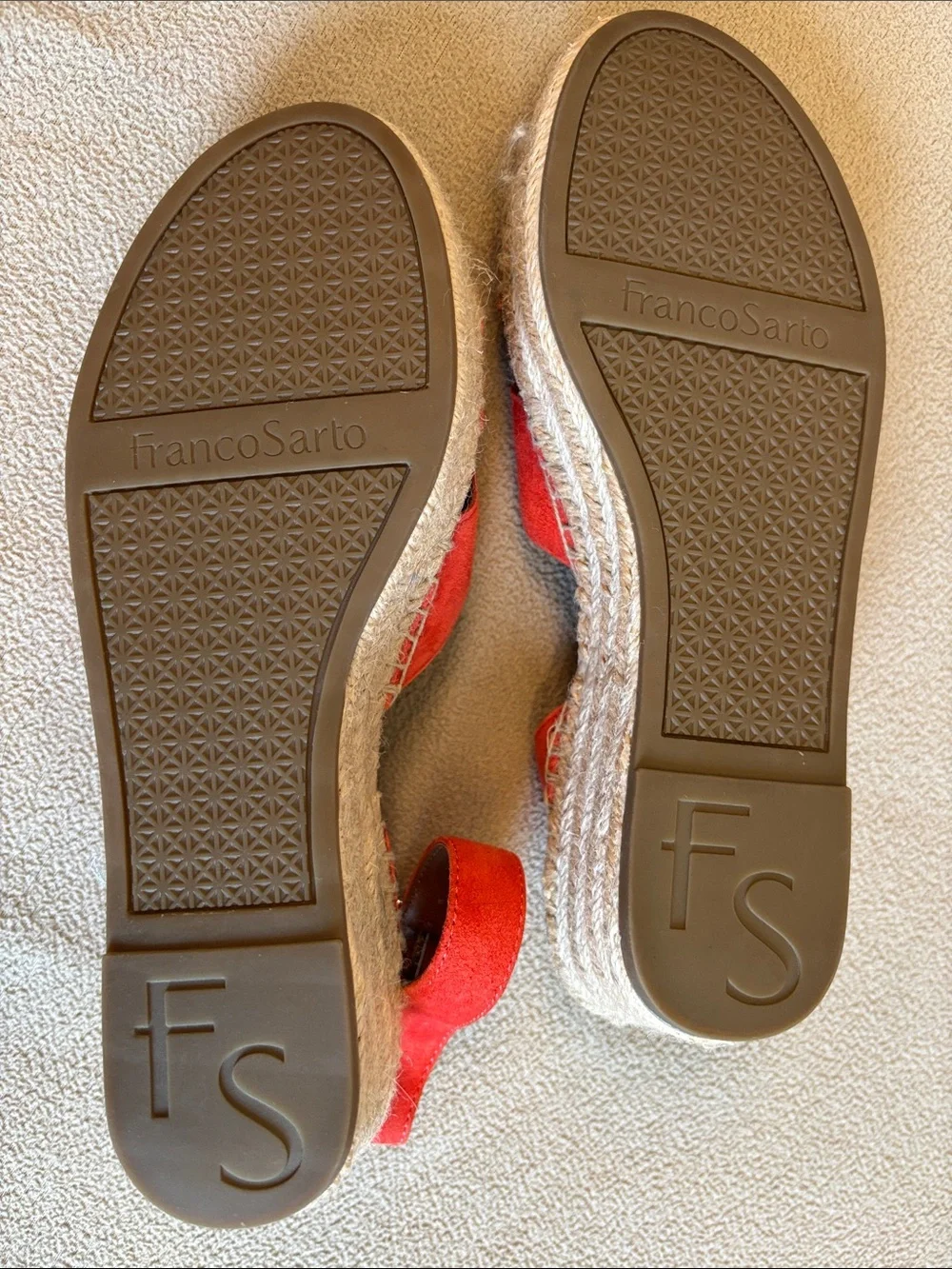 NWOT Red Leather and Suede Espadrille Wedge Sandals with Ankle Strap